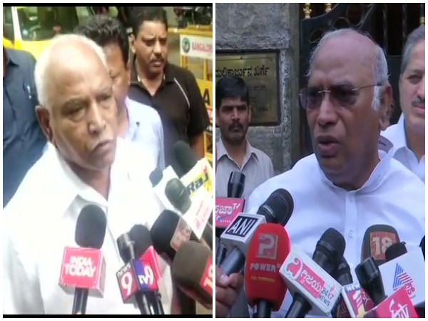 BJP leader BS Yeddyurappa (left) and Congress leader Mallikarjun Kharge (right) while speaking to media persons in Bengaluru, Karmataka on Sunday. Photo/ANI
