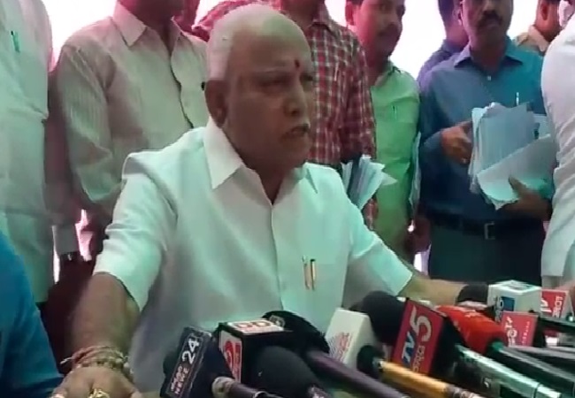 Karnataka Chief Minister BS Yediyurappa speaking to media in Shikaripura on Monday.