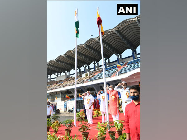 Chief Minister BS Yediyurappa takes part in the celebrations of Karnataka Rajyotsava today, at Sree Kanteerava Stadium in Bengaluru. [Photo/ANI]