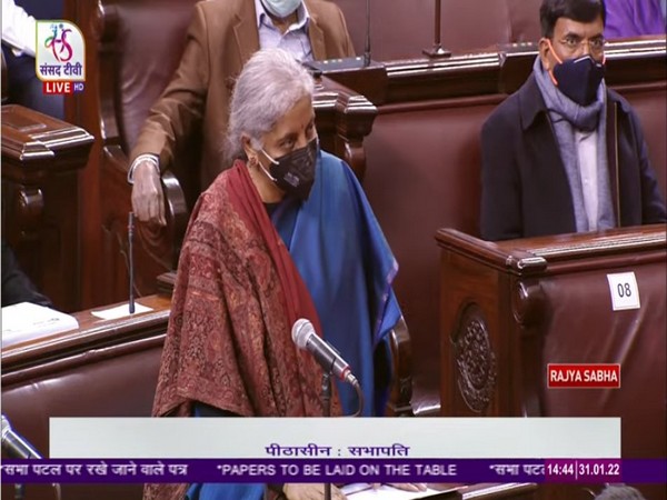 Finance Minister Nirmala Sitharaman tabled the Economic Survey 2021-22 and the Statistical Appendix in Rajya Sabha. (Photo credit: Sansad TV)