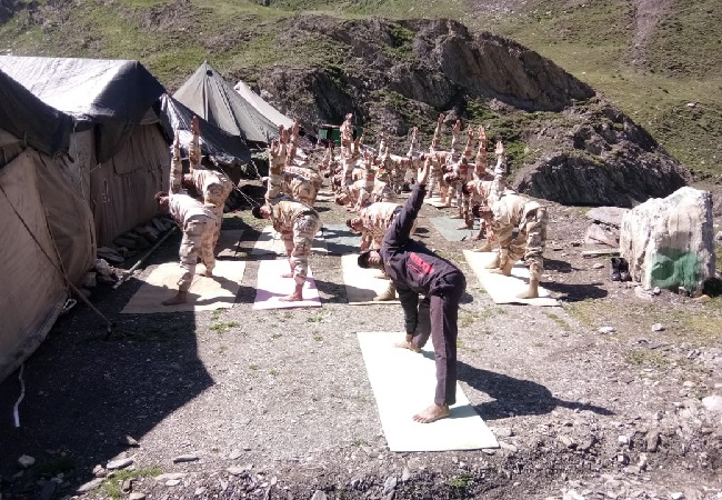 ITBP personnel practicing Yoga on Amarnath Yatra route in Baltal, Jammu and Kashmir.