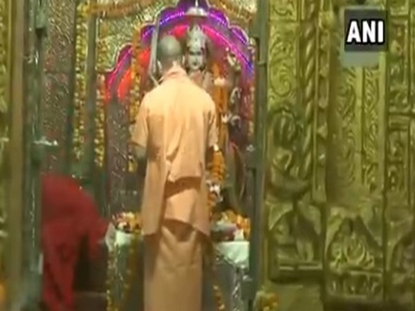 Uttar Pradesh Chief Minister Yogi Adityanath offering prayers in Balrampur on first day of Navratri. Photo/ANI