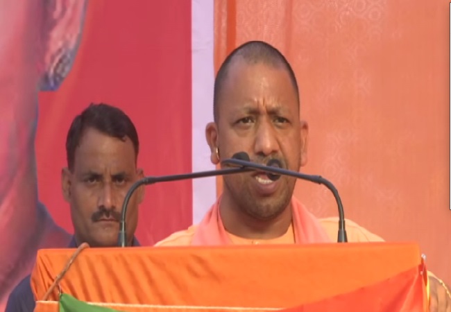 Uttar Pradesh chief minister Yogi Adityanath speaking at an election rally in Amethi, Uttar Pradesh on Tuesday Photo/ANI.
