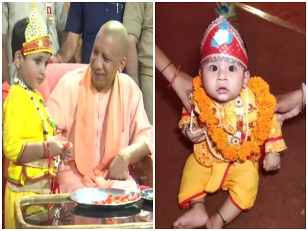 Uttar Pradesh Chief Minister Yogi Adityanath with children at Smriti Bhavan of Gorakhnath temple last night (Photo/ANI)