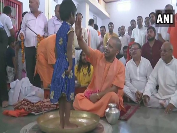 Chief Minister Yogi Adityanath performed 'Kanya Pujan' on Mahanvami at Gorakhnath Temple in Uttar Pradesh on Monday. Photo/ANI
