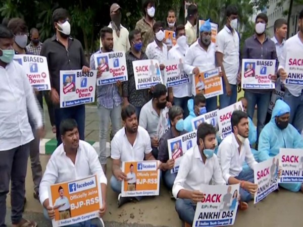 Protest held by Telangana Youth Congress members outside Facebook's office [Photo/ANI]