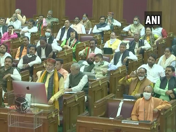 UP Finance Minister Suresh Kumar Khanna presenting the state budget 2021-2022. (Photo/ANI)