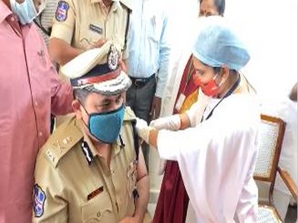 Rachakonda Commissioner of Police Mahesh Bhagwat receives his first COVID-19 vaccine shot at Telangana's Neredmet on Saturday. [Photo/ANI]